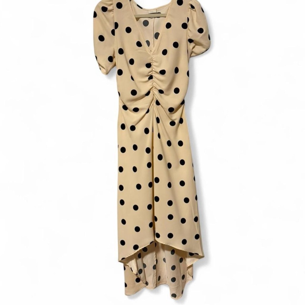 A New Day black + cream polka‎ dot midi dress with ruched detail. Size S